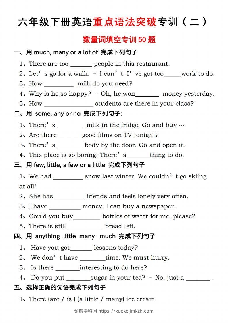 六年级下册人教PEP英语重点语法突破专项训（二）数量词填空-领航学科网
