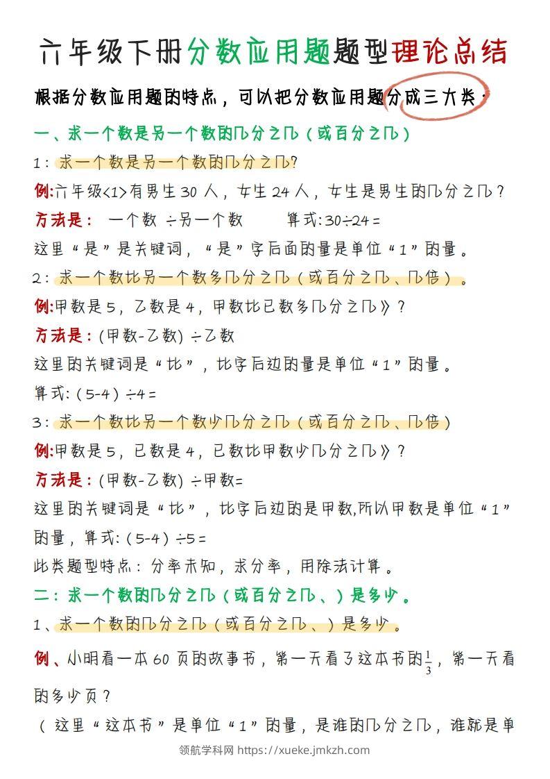 《分数应用题题型理论总结》六下数学【北师版】-领航学科网