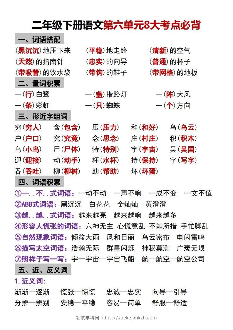二年级下册语文第六单元8大考点必背-领航学科网
