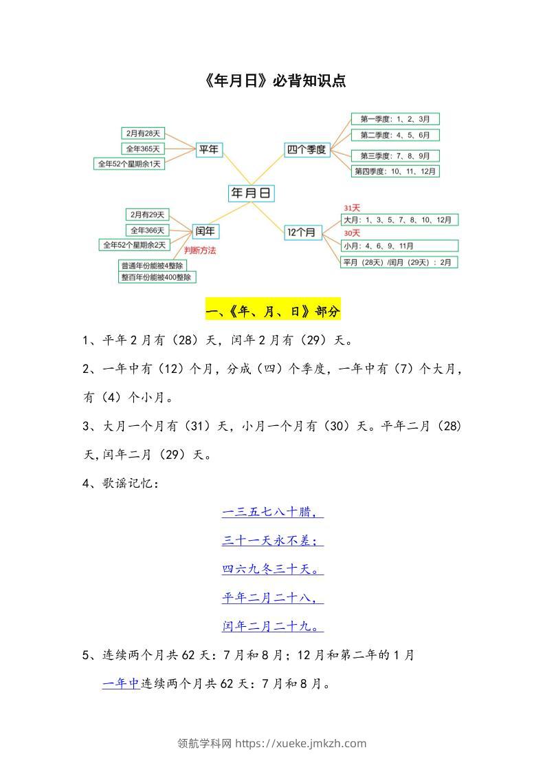 三下数学年月日必背知识点整理-领航学科网