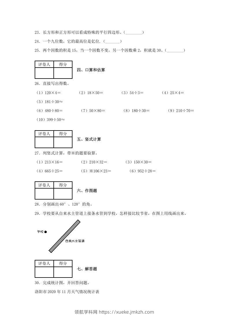 图片[3]-2020-2021学年河南省洛阳市涧西区四年级上学期期末数学真题及答案(Word版)-领航学科网