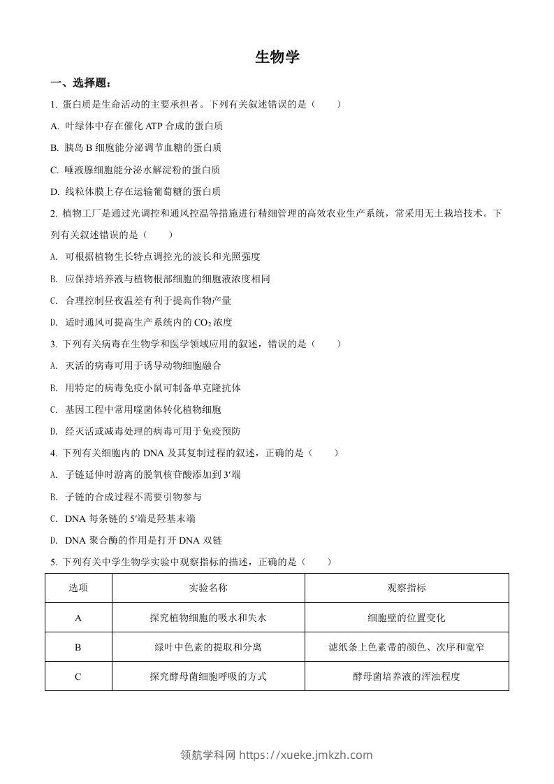2021年高考生物试卷（辽宁）（空白卷）-领航学科网