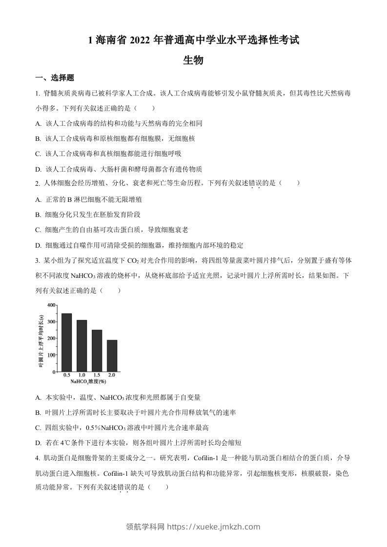 2022年高考生物真题（海南）（空白卷）-领航学科网