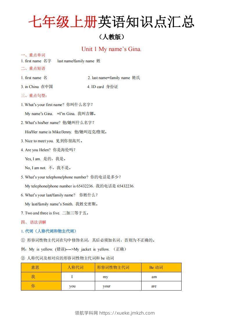 人教版七年级上册英语知识点汇总（一册全）-领航学科网