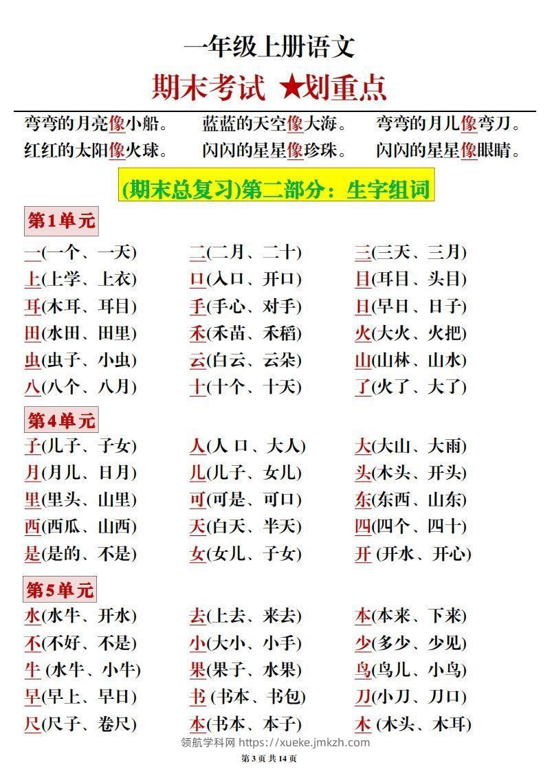 图片[3]-一年级上册语文期末考试划重点-领航学科网