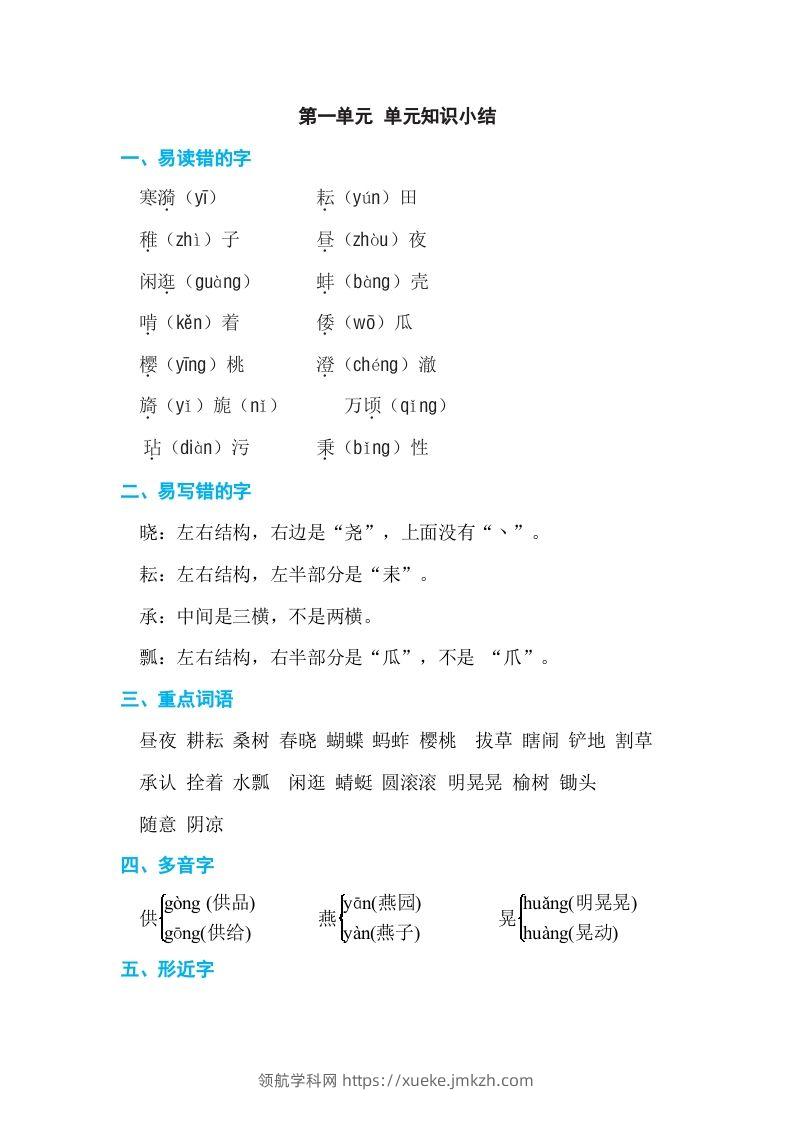 五年级语文下册第一单元单元知识小结（部编版）-领航学科网