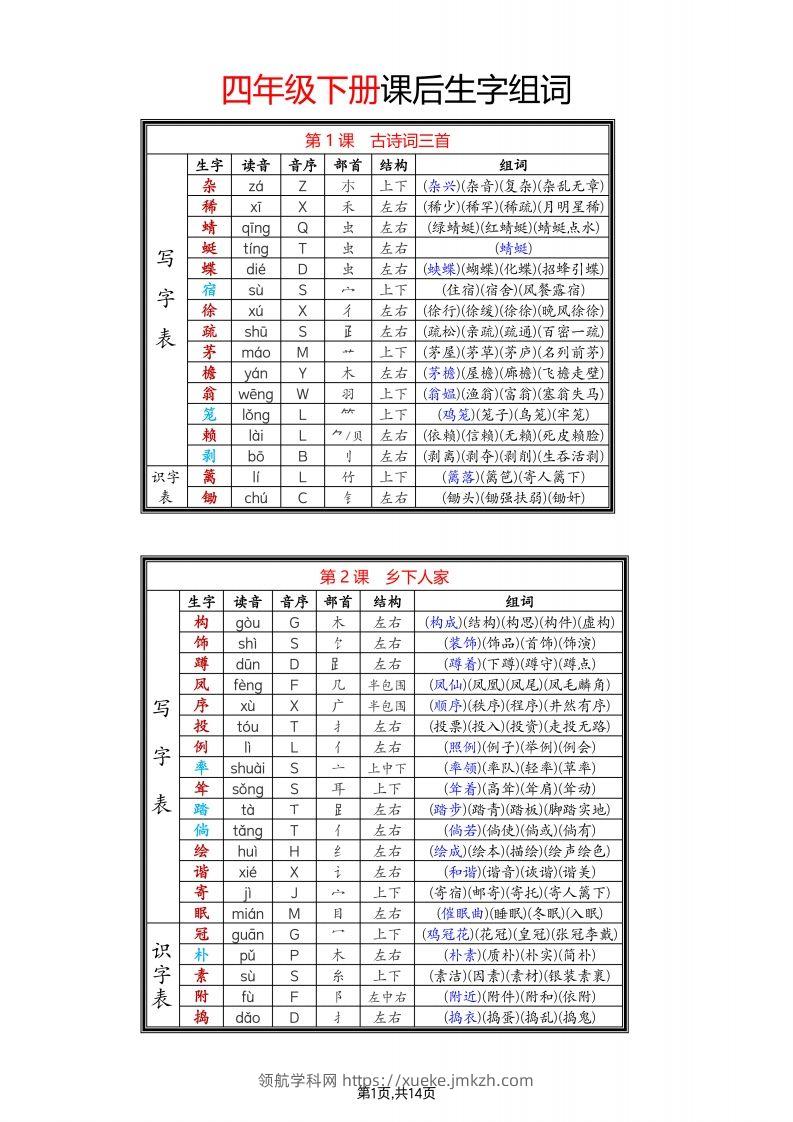四年级下语文生字组词-领航学科网
