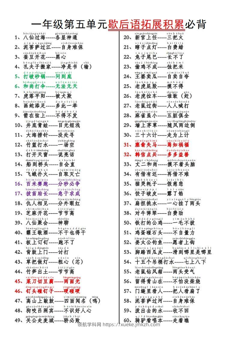 一下语文【歇后语拓展积累】第五单元-领航学科网