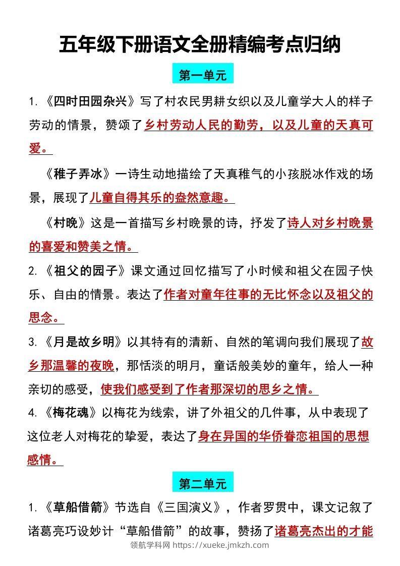 五年级下册语文全册1-8单元精编考点归纳-领航学科网