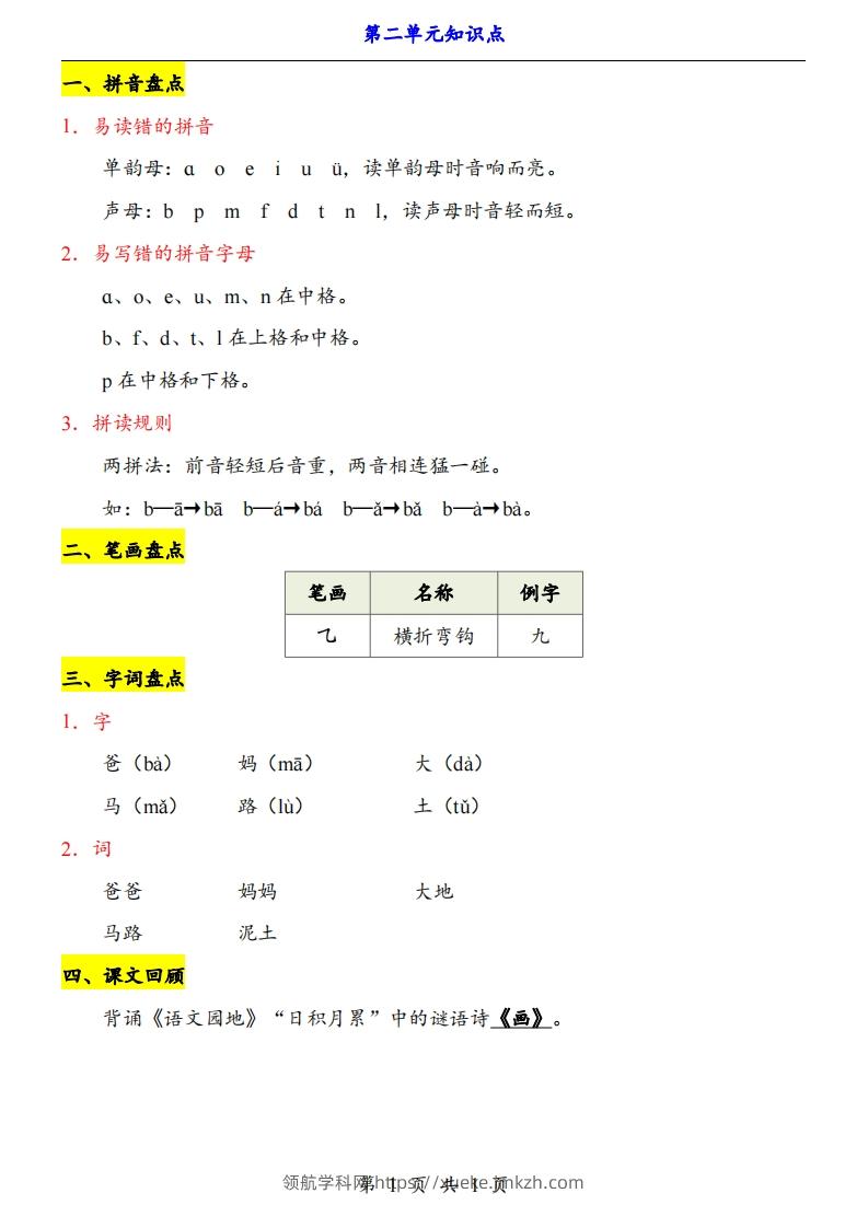 【24新教材】一上语文第2单元知识点梳理-领航学科网