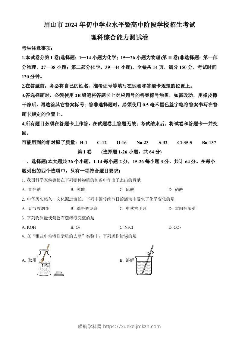 2024年四川省眉山市中考化学真题（空白卷）-领航学科网
