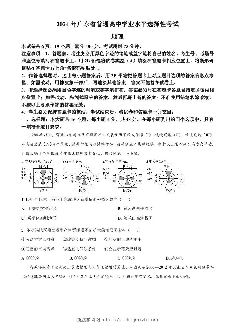 2024年高考地理试卷（广东）（空白卷）-领航学科网