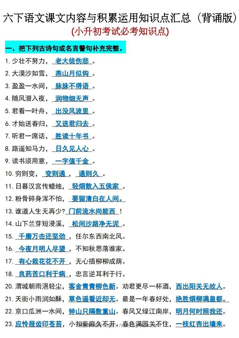 六年级下册语文(小升初)期末必考知识点-领航学科网