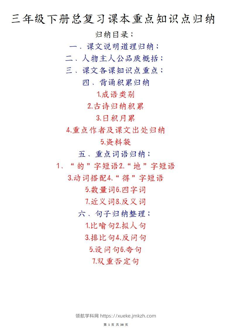 期末复习重点知识汇总三下语文-领航学科网