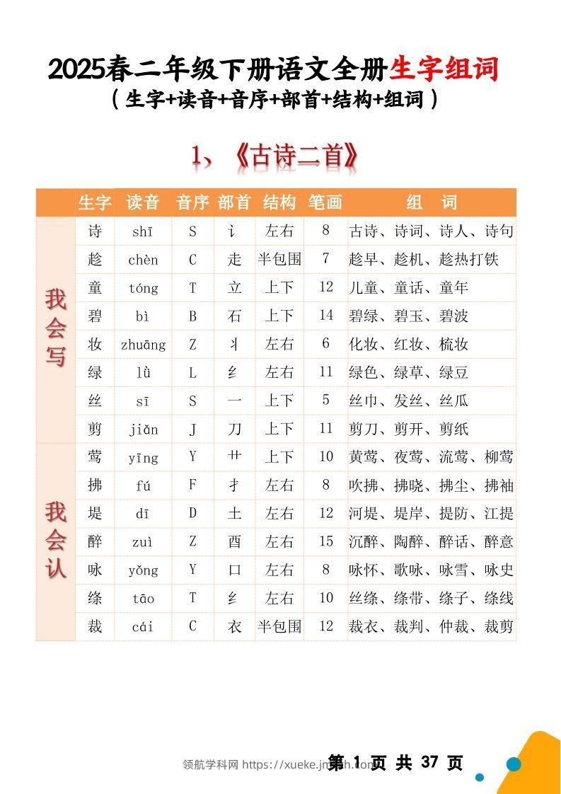 【2025春二下语文全册生字组词（生字拼音音序结构部首组词）37页一类字+二类字-领航学科网