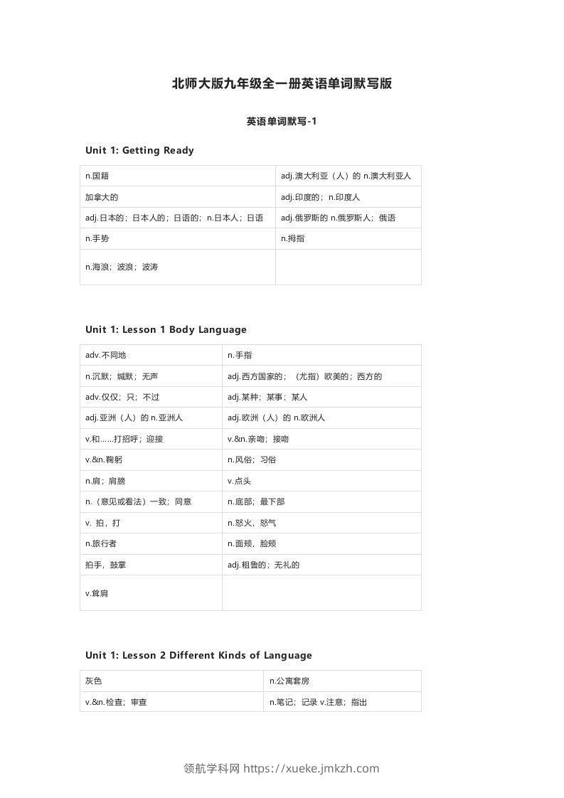 北师大版九年级上册英语单词默写表-领航学科网