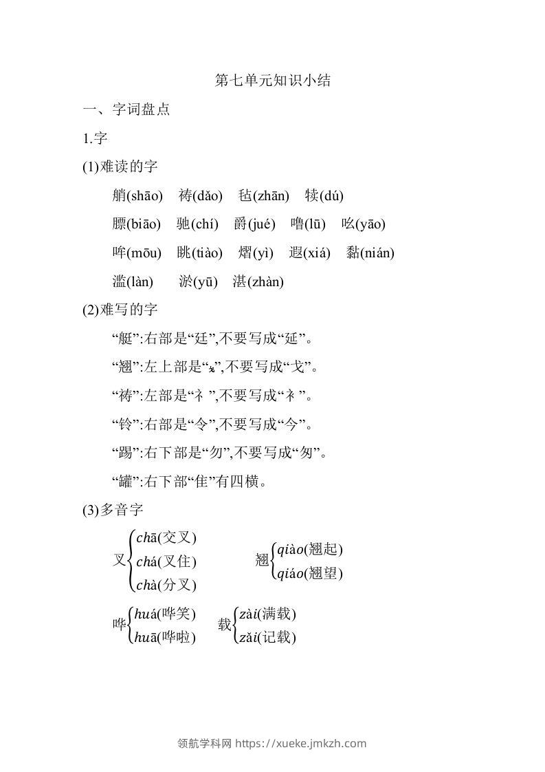 五年级语文下册06.第七单元知识小结（部编版）-领航学科网