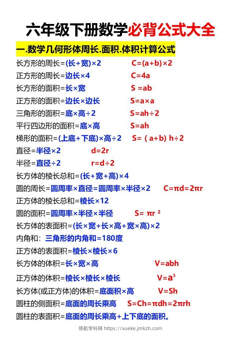 六年级下册数学必背公式大全-领航学科网