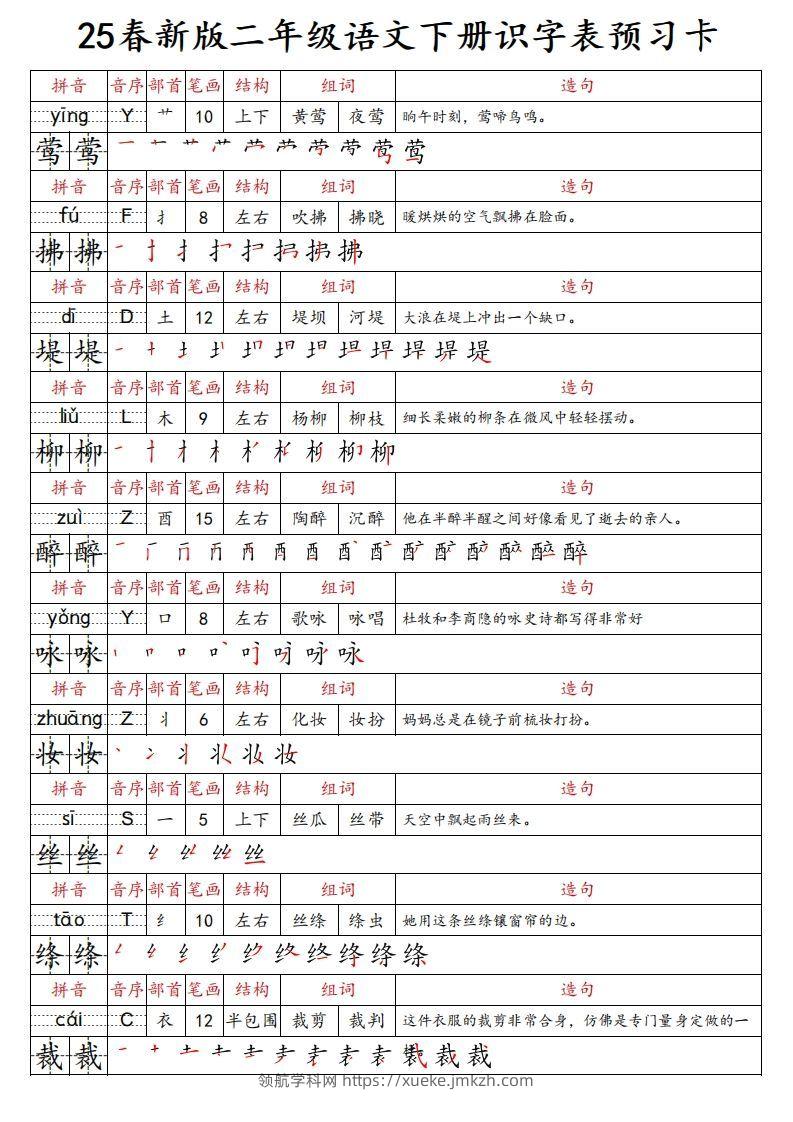 25春新二下语文识字表预习卡（组词造句拼音部首笔画笔顺结构）47页-领航学科网