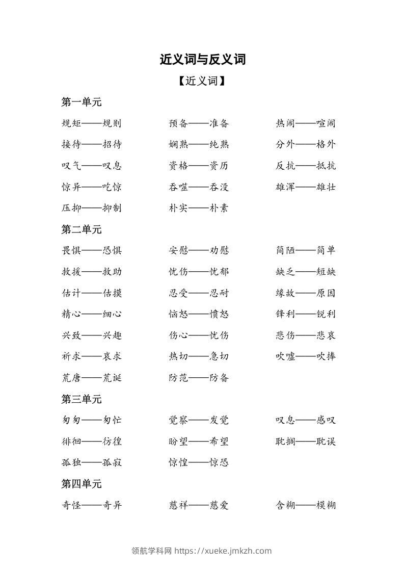 六年级语文下册复习资料近义词和反义词（部编版）-领航学科网