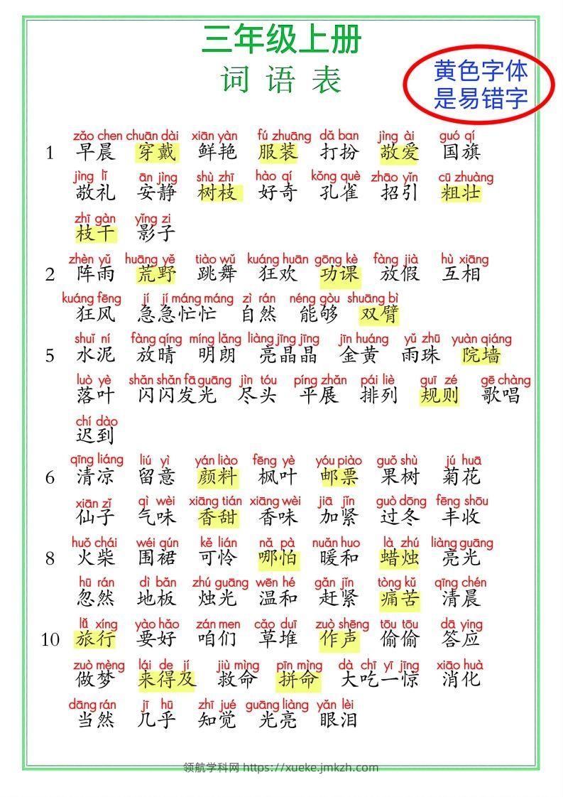 【24秋-期末复习（词语表）】三上语文-领航学科网