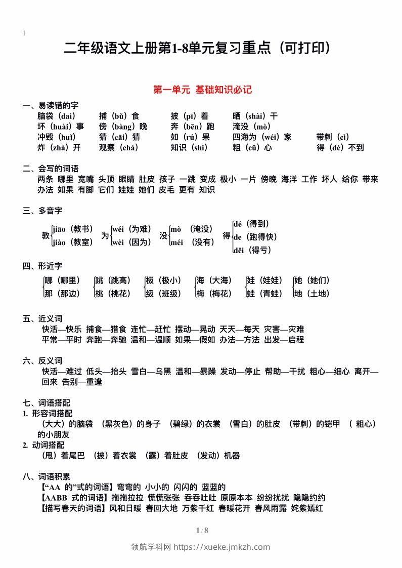 二上语文单元期末复习重点-领航学科网