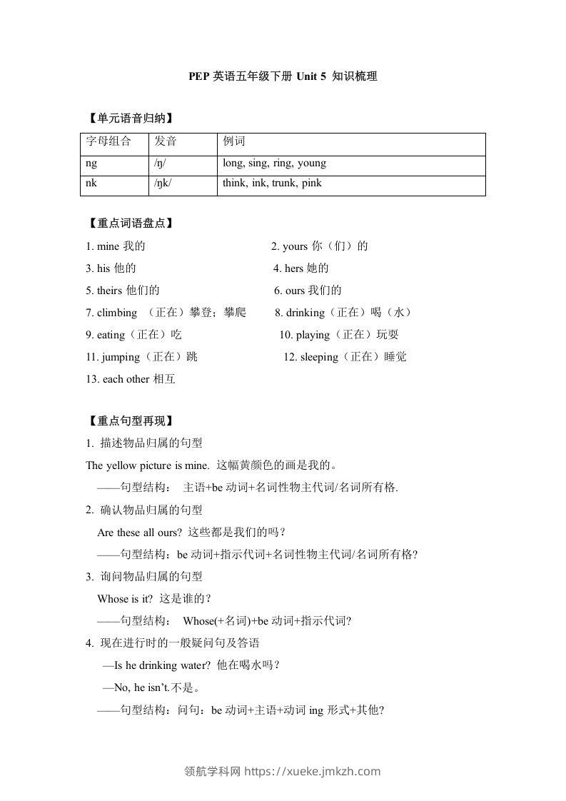 五年级英语下册单元知识梳理-Unit5Whosedogisit（人教PEP版）-领航学科网