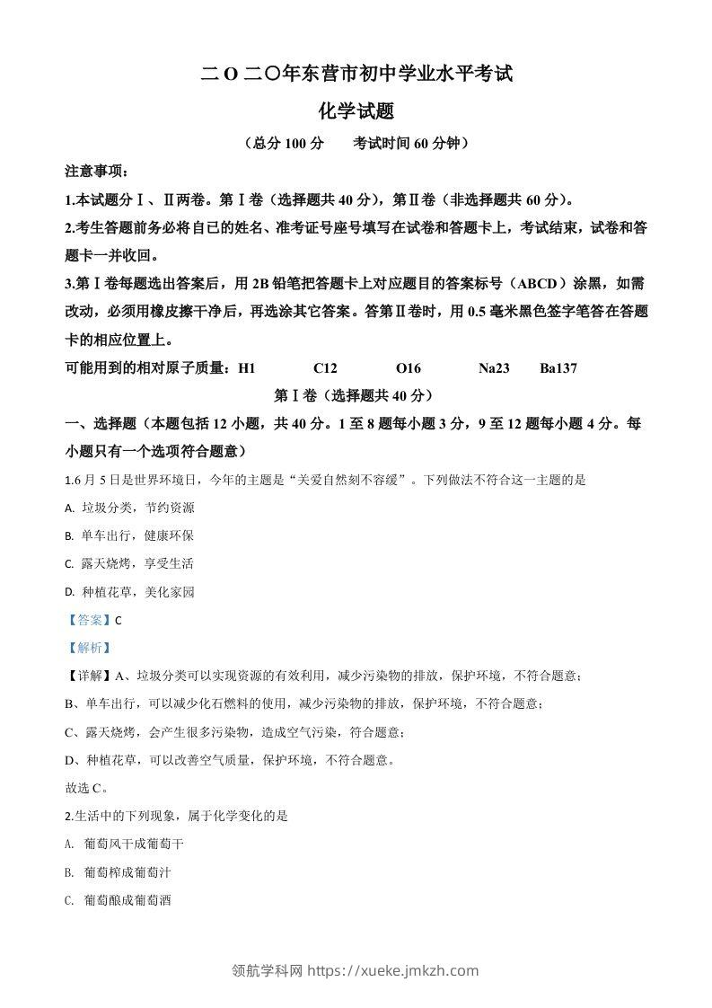 山东省东营市2020年中考化学试题（含答案）-领航学科网