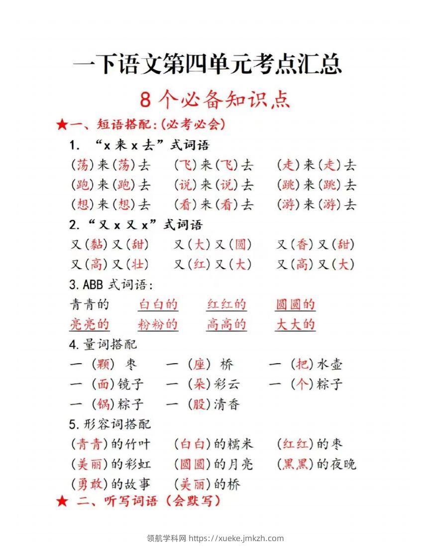 一下语文第四单元考点总结-领航学科网