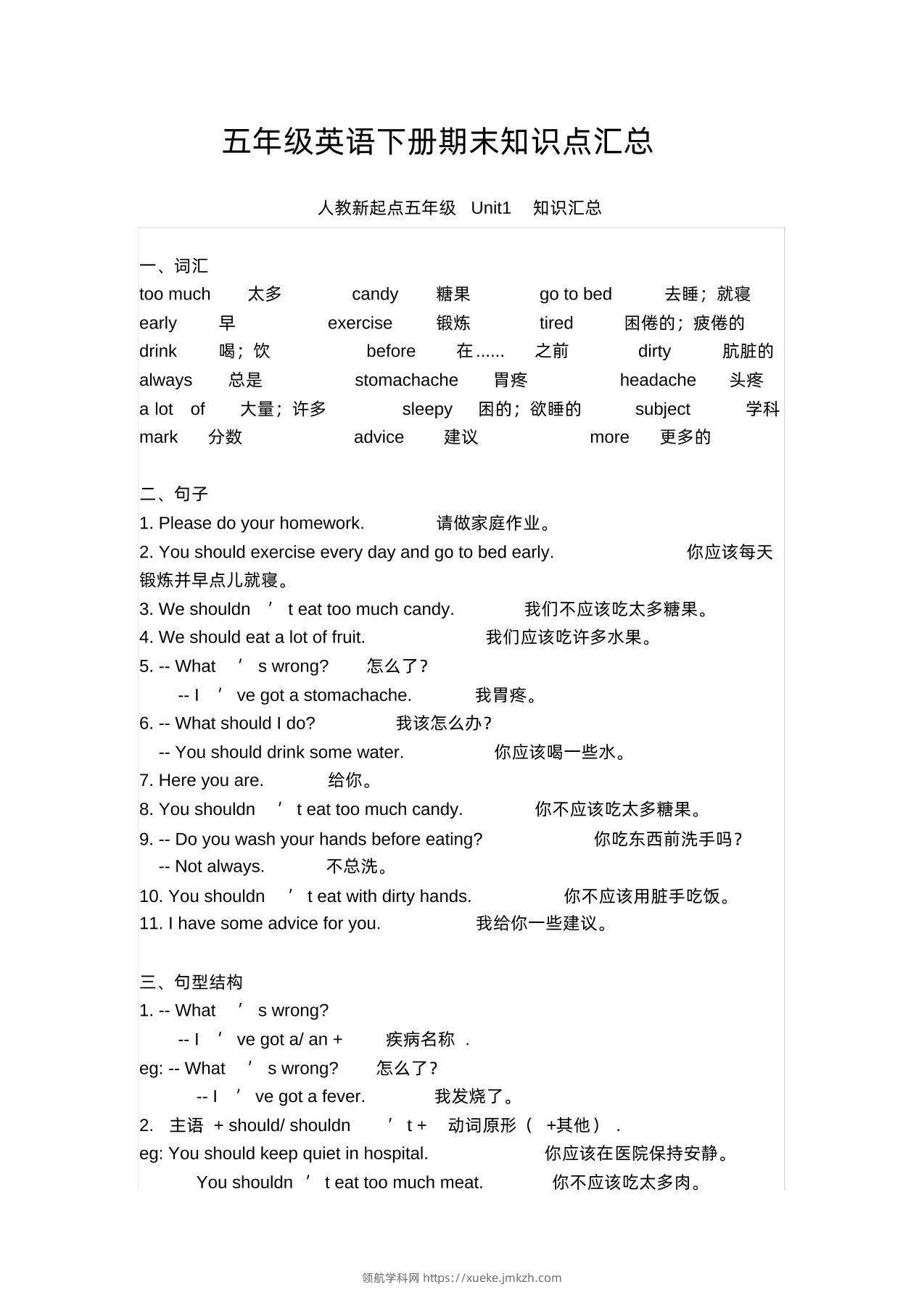 五年级英语下册期末知识清单汇总(人教新起点)-领航学科网