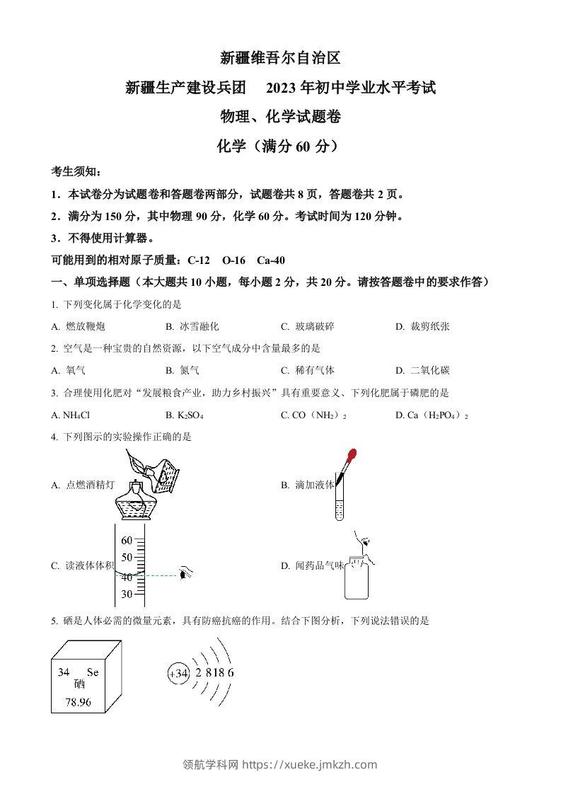 2023年新疆中考化学真题（空白卷）-领航学科网