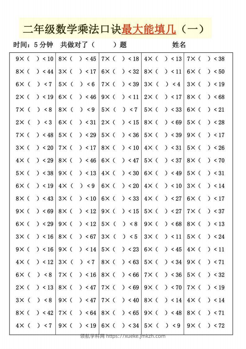 二上数学乘法口诀最大和最小能填几-领航学科网