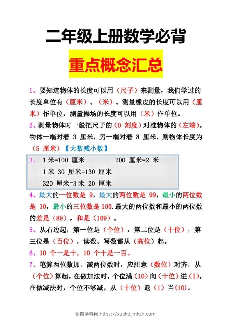 二年级数学上册重点概念汇总-领航学科网