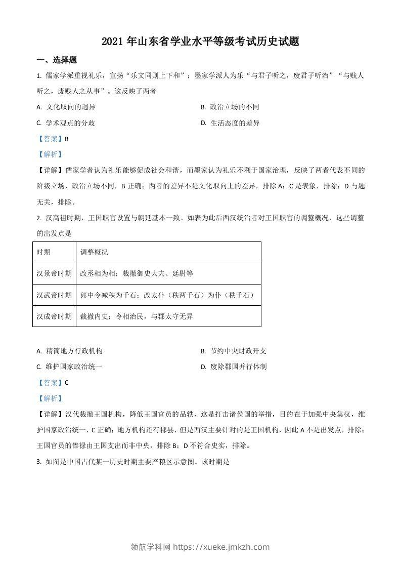 2021年高考历史试卷（山东）（含答案）-领航学科网