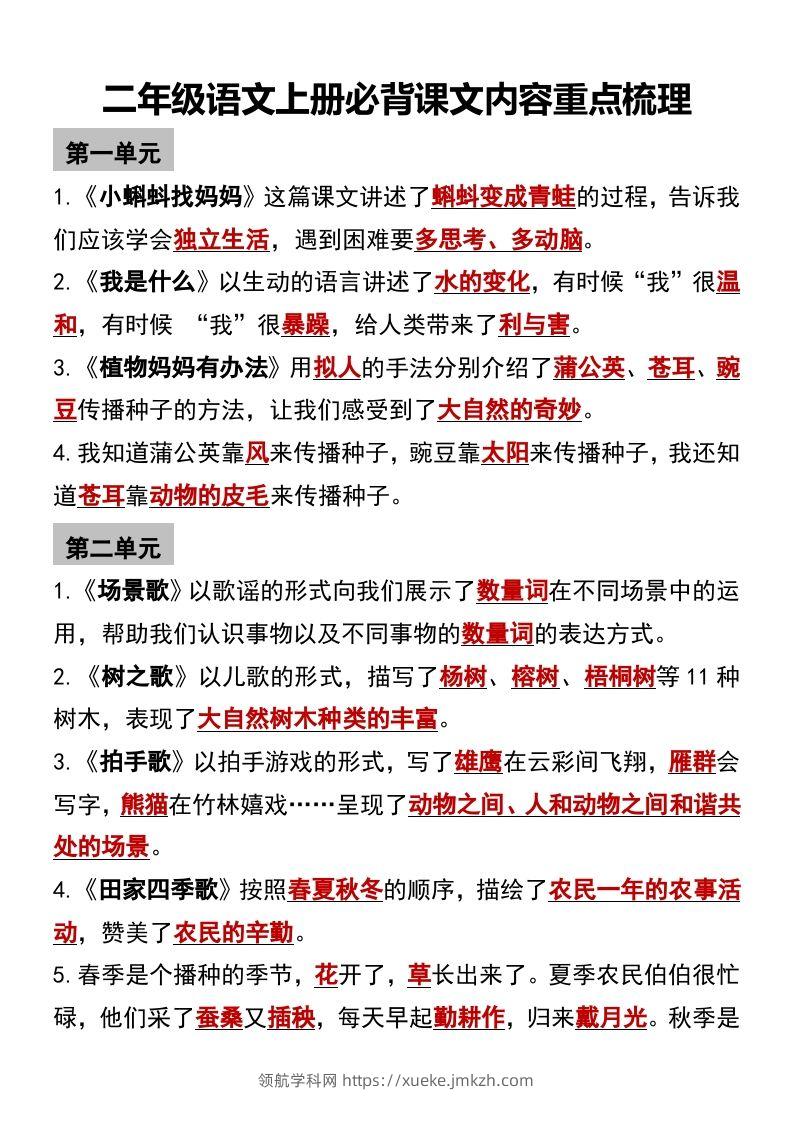 二年级语文上册必背课文内容重点梳理-领航学科网
