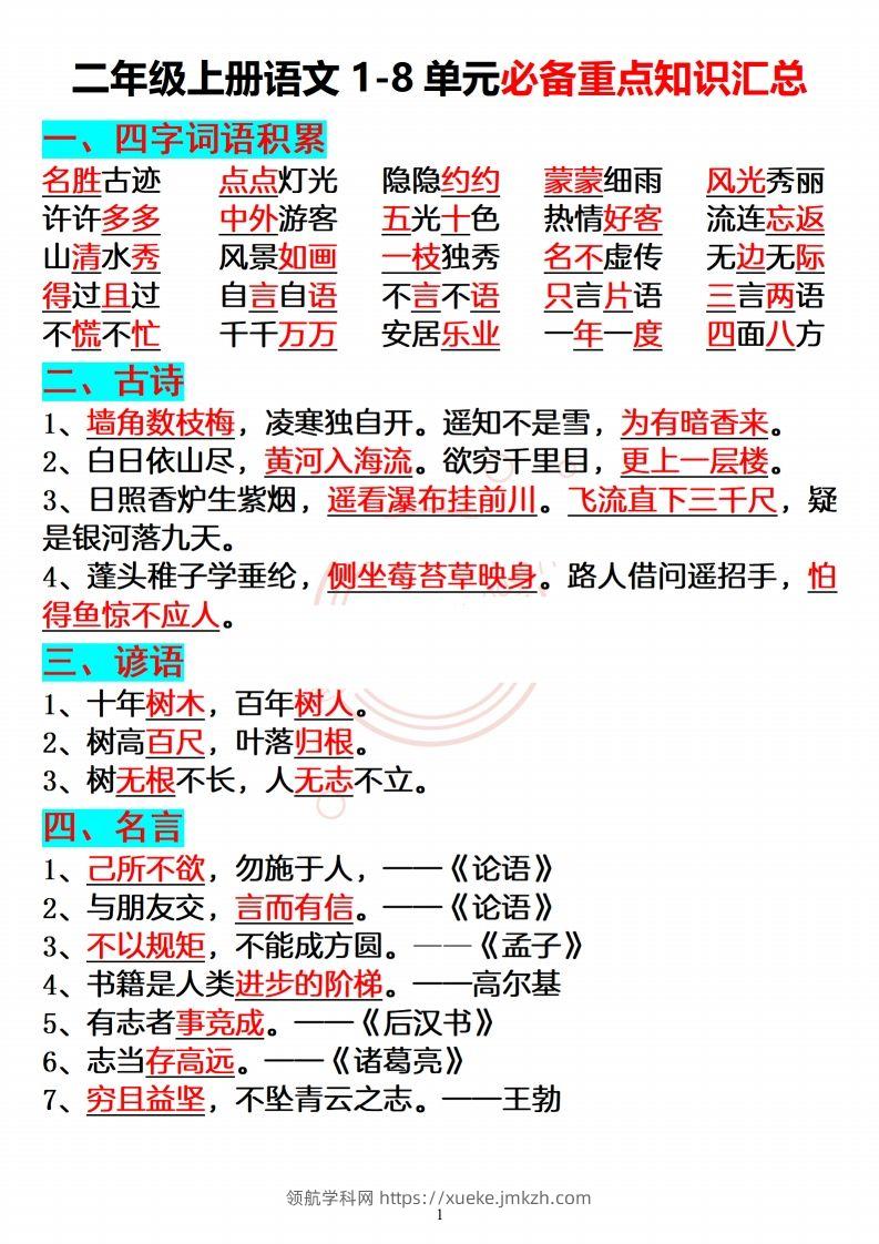 【必备重点知识汇总】二上语文-领航学科网