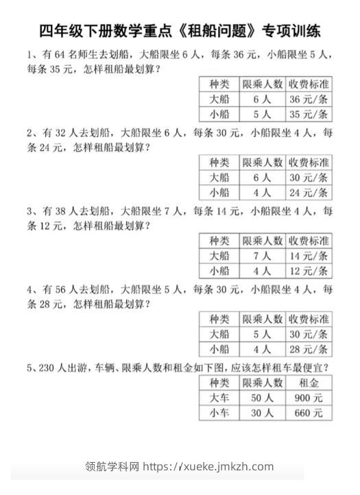 四下数学人教版《租船问题》专项训练-领航学科网