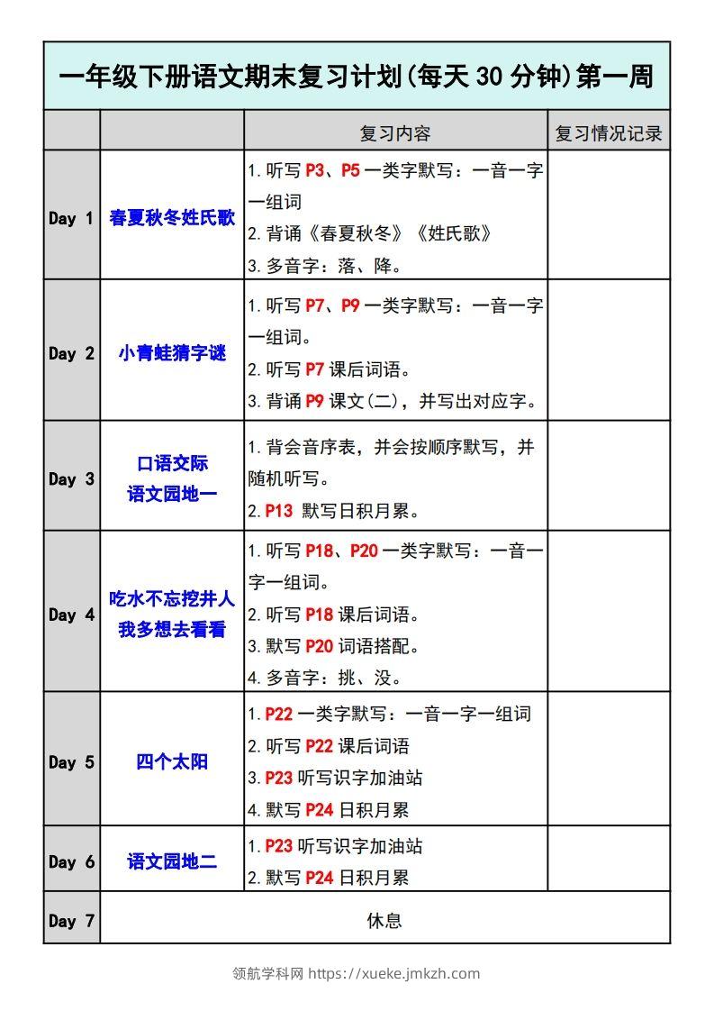 —年级下册语文期末复习计划-领航学科网