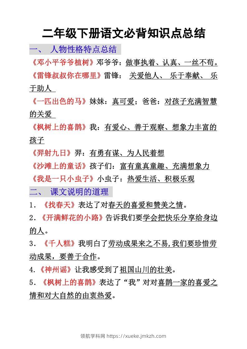 二年级下册语文必背重点知识点-领航学科网