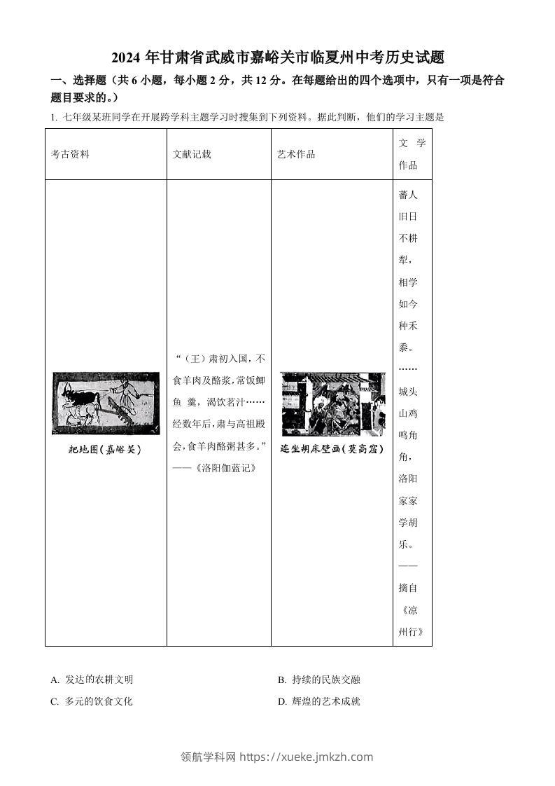 2024年甘肃省武威市嘉峪关市临夏州中考历史试题（空白卷）-领航学科网