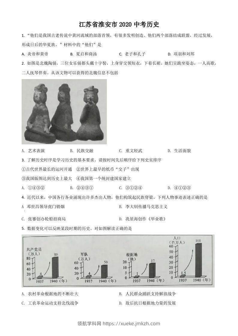 江苏省淮安市2020年中考历史试题（空白卷）-领航学科网