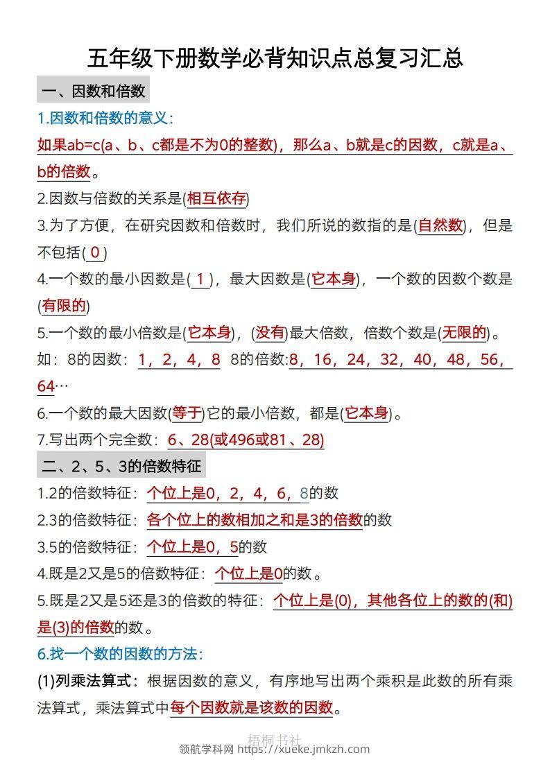 数学五年级下册必背知识点汇总-领航学科网