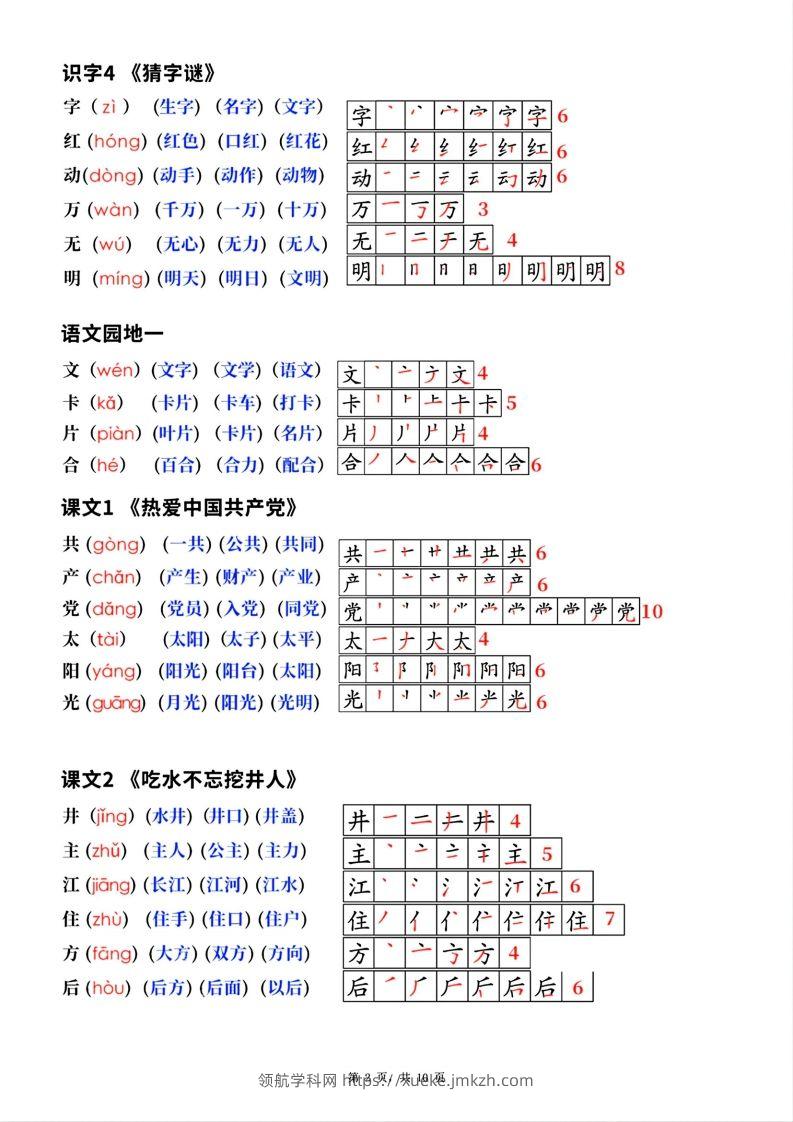 图片[2]-新版一年级下册语文生字笔顺拼音组词(课本贴)-领航学科网