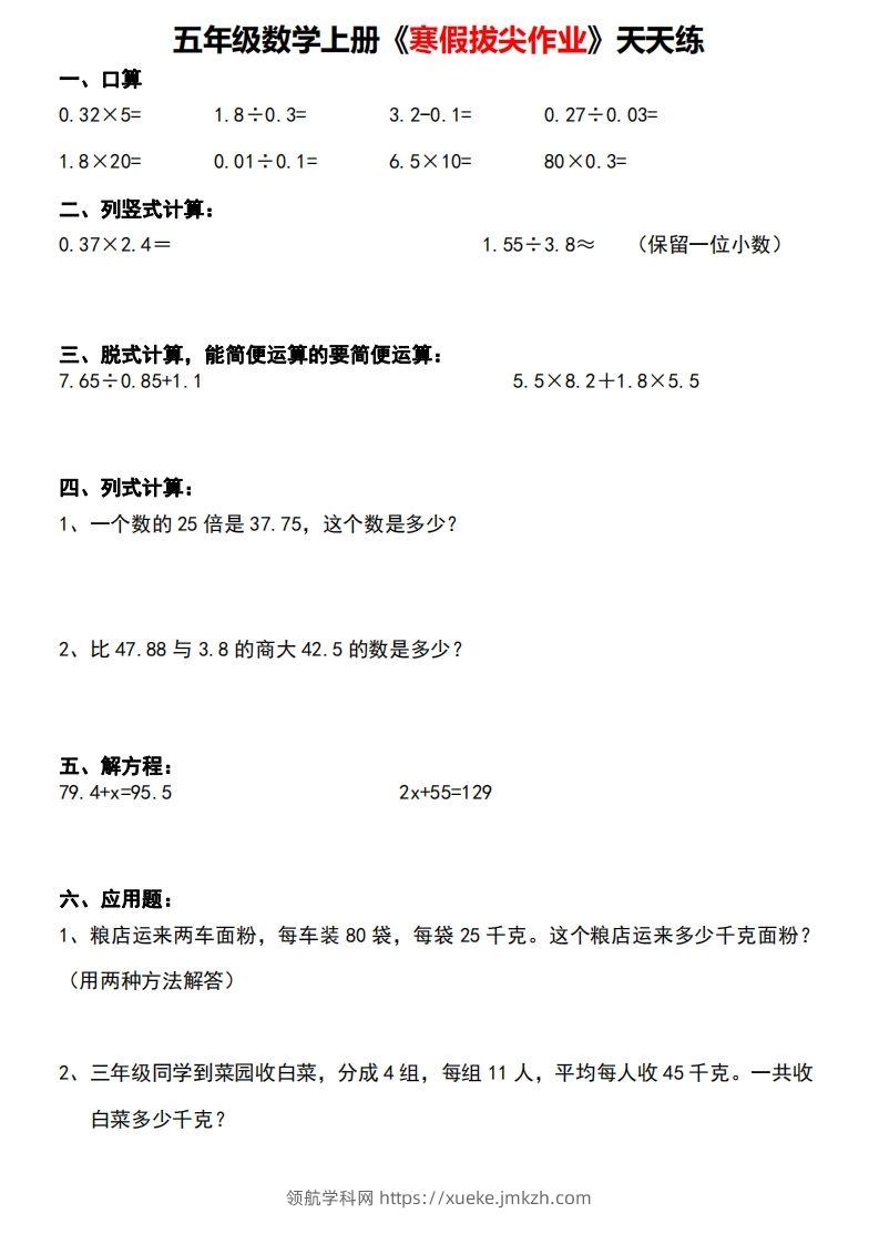 五年级下【数学寒假】拔尖作业天天练30天-领航学科网