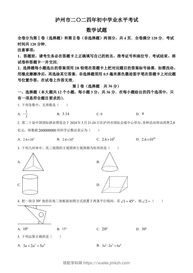 2024年四川省泸州市中考数学试题（空白卷）-领航学科网