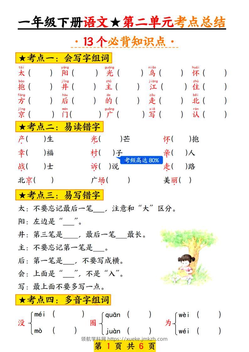 2025新版一年级语文下册第二单元考点总结13个必背-领航学科网