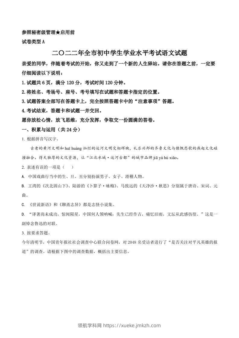 2022年山东省聊城市中考语文真题（空白卷）-领航学科网