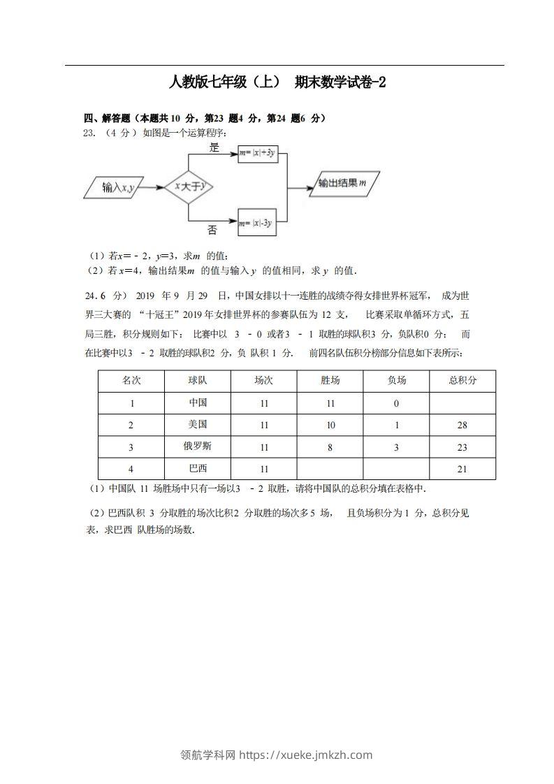 七年级（上）数学期末试卷4-2卷人教版-领航学科网