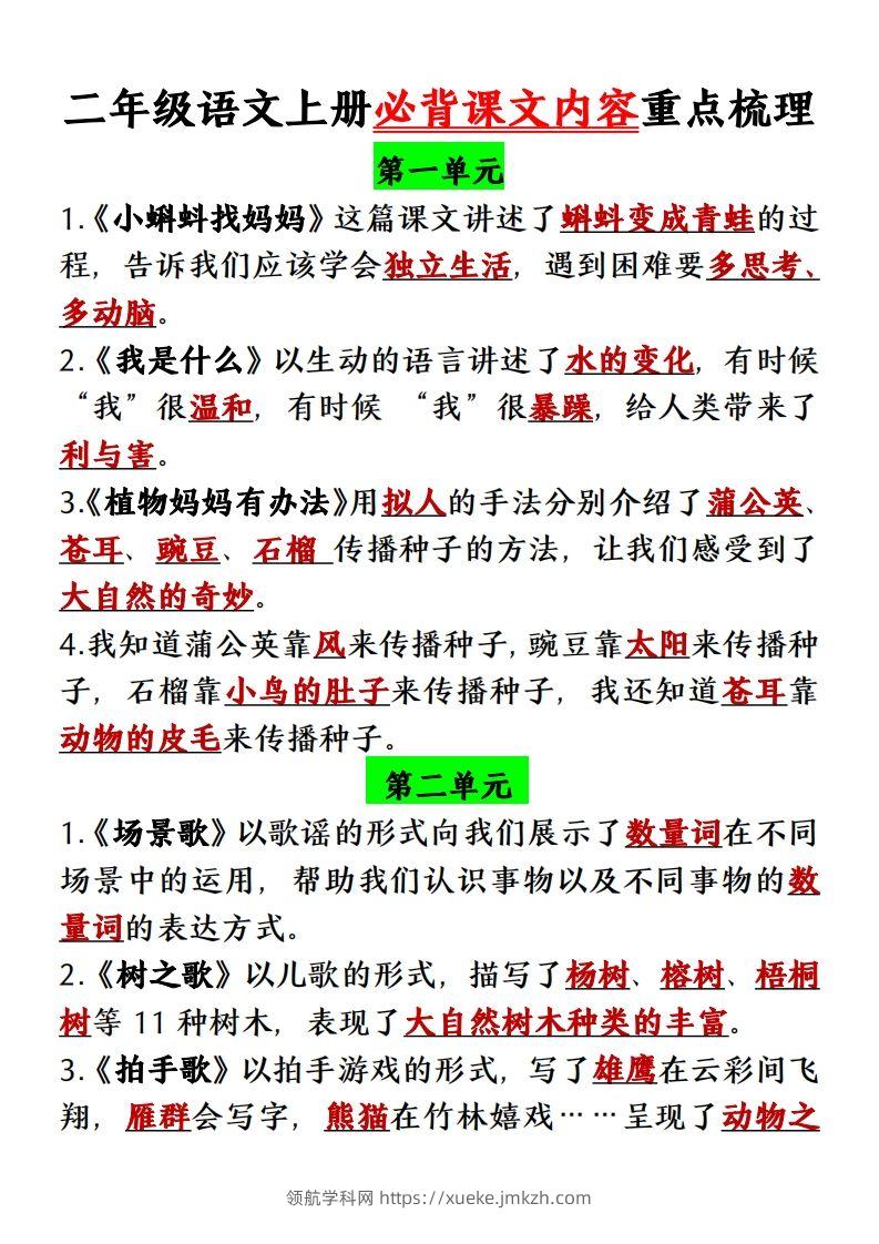 【单元必背课文内容重点梳理】二上语文-领航学科网