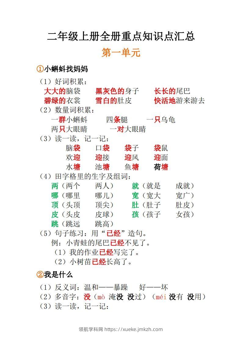 二年级上册语文全册每课重点知识点汇总()-领航学科网